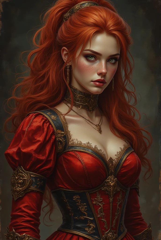 **Circe Scarlet** a beautiful and charming young girl. Be brave, intimidation, Intelligent. Looks like an 18 year old girl. Gambar real live person.
1. **Hair:**
- Hair Circe Scarlet panjang dan mengalir hingga ke pinggang, dark red with a hint of maroon that sparkles when exposed to light. Hairnya bergelombang dan bebas, sometimes it looks like the wings of a butterfly in flight, creating the illusion of movement even when he is standing still. In some parts, there are strands of hair that are dyed white, provides a striking contrast and adds a sense of mystery.
2. **face:**
- facenya memiliki fitur asia campuran fitur barat iaitu kacukan asia barat dan menawan dengan mata yang bersinar dengan warna merah menyala, like a ember reflected in the darkness. Her eyes had a mysterious and intense glint., often gives the impression that he can see into anyone's deepest heart. There are slight black shadows around his eyes which make his gaze even more dramatic..
- Her lips are dark red, always looks like he just drank the blood of his enemy. On the left side of his face, there is a delicate white butterfly-shaped birthmark, symbol of the deepest strength of his heart.
3. **clothes:**
- Circe wears black pants and with black and white combat boots with crimson socks. On top of his shirt and pants, she wears a skirt, one red one black, and a belt with its symbol in white. She also accessorized with black fingerless gloves..
4. **accessories:**
- Around her waist, Circe wears a maroon leather belt, where hung a short sword with a red blade that looked like shining butterfly wings. This sword is one of his main weapons., able to cut quickly and silently.
- She also wore a bracelet made of pure silver with a butterfly carving around her wrist., and the ring on the tenth finger