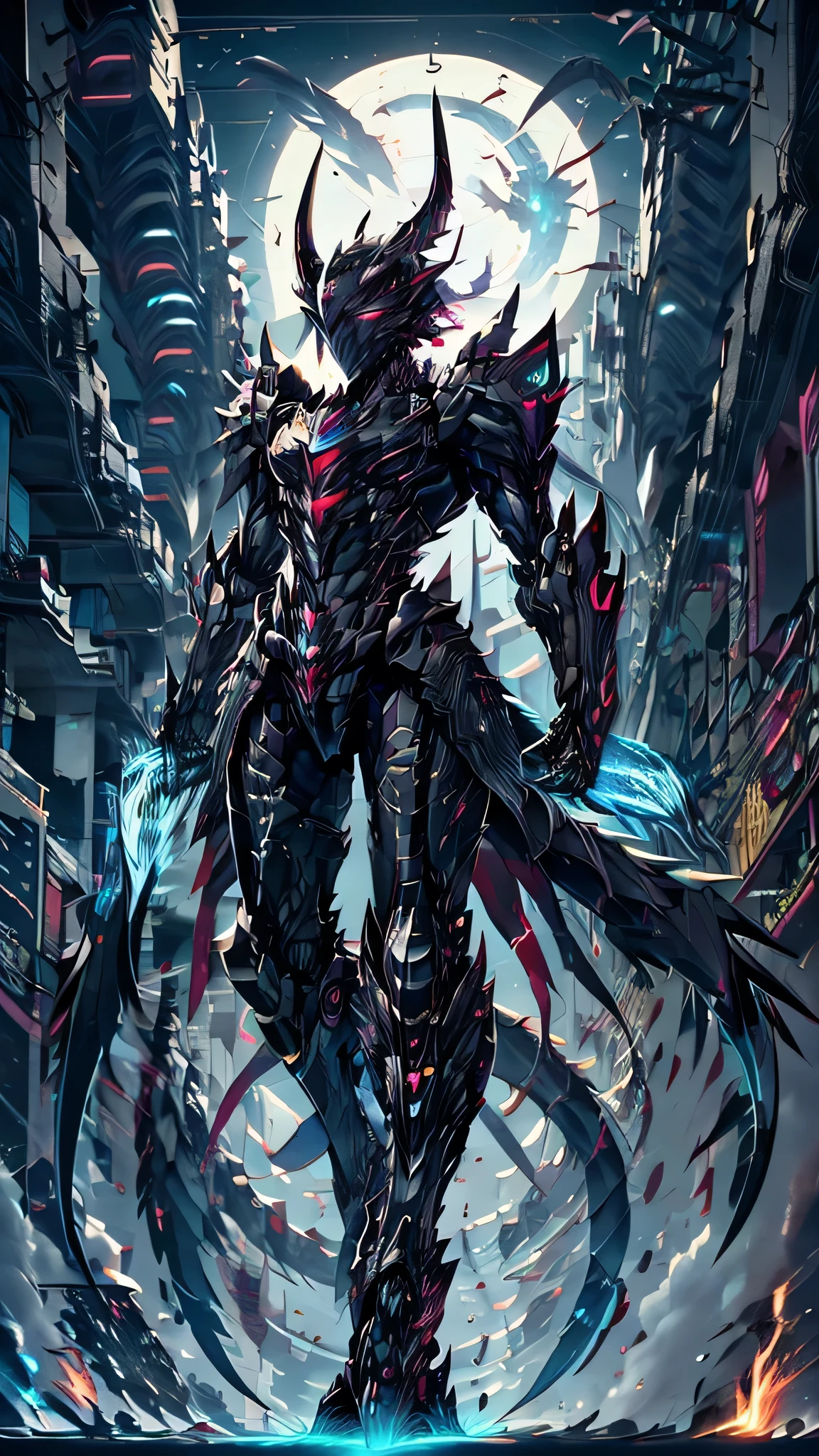 A futuristic cyberpunk mecha warrior standing in a dystopian cityscape, heavily armored with sleek black, white, and yellow plating. The mecha has sharp, angular helmet with two long, pointed horns, glowing blue cybernetic eyes, and intricate mechanical details. It wields a massive, curved energy scythe with glowing cyan edges and engraved futuristic symbols. Its body features advanced cybernetic enhancements, tubes, and cables connecting to its armor. The background is a high-tech, neon-lit urban environment with towering skyscrapers, mist, and scattered debris. Ultra-detailed, cinematic lighting, photorealistic, 8K resolution