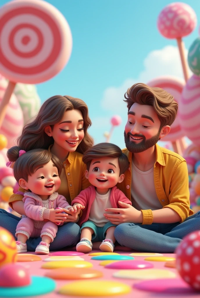 Create cartoon image that mother and father enjoy eating mystery candy but son who hold 1 mystery candy and stand nearby parents don't eat mystery candy
