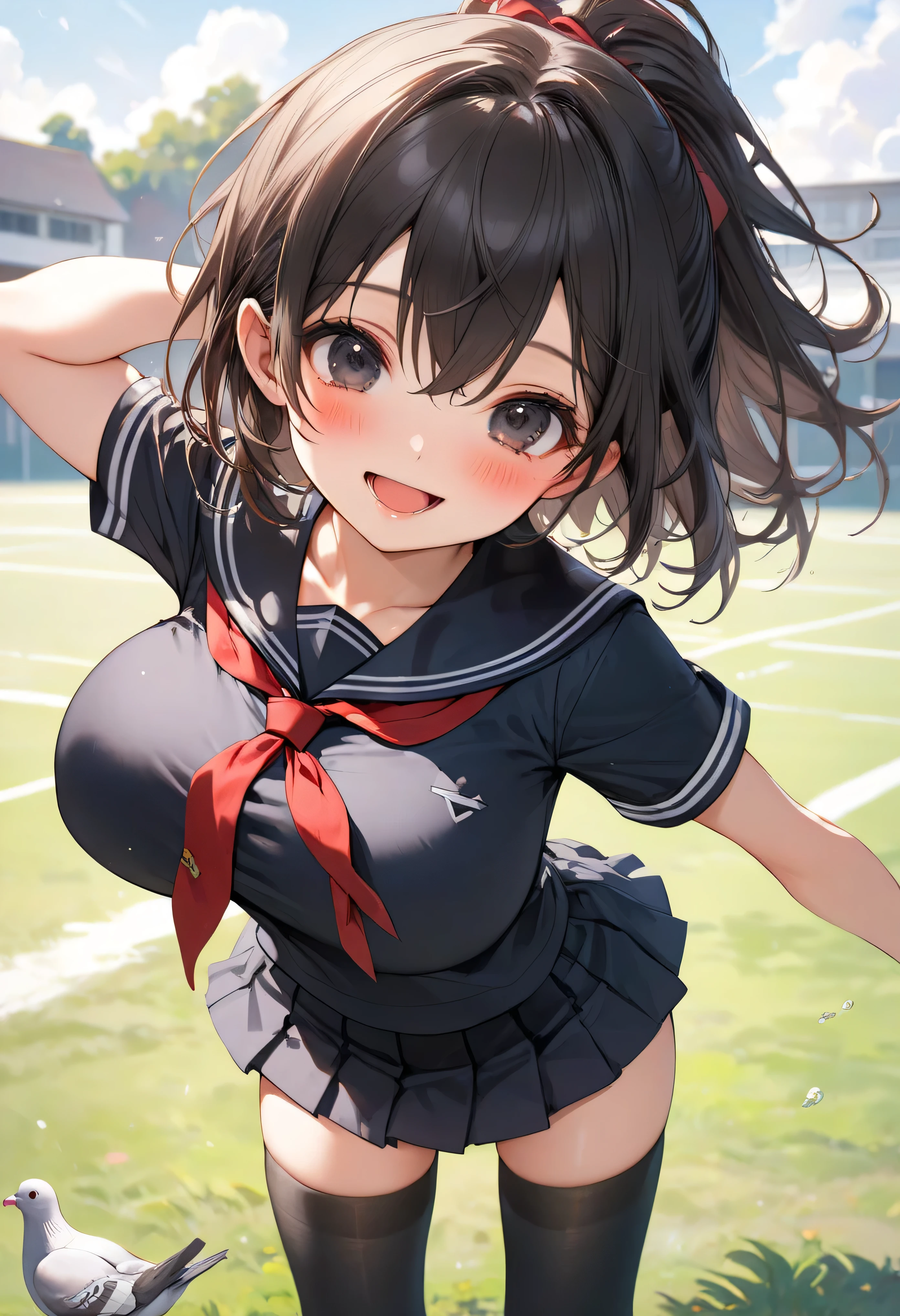 best quality, masterpiece, highres, detailed face, solo, longtorso_v0.63_pony, school field, BREAK, 1 skinny girl standing, (ite smarl:1.3), smile for viewer, open mouth, arched back, arms down behind back, pigeon toed, BREAK, blush, (black sailor uniform:1.2), red tie, black too short skirt, thigh gap, black thighhighs, BREAK, black short hair, deep black eyes, (bursting huge breasts:1.2), disproportionately huge breasts, (bouncing huge breasts for viewer), (too short torso), too narrow waist, (too short waist), (skinny long legs)