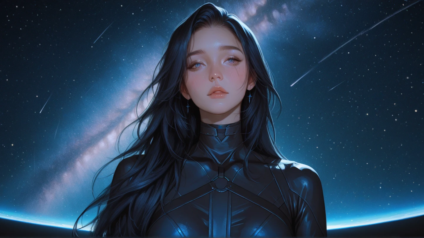 A beautiful woman. Dark brown hair. Twenty-five years old. She has a serious expression on her face. She is wearing a black business suit. She is standing in the city. In the space behind her, there is a glimpse of the portal she just emerged from. The portal is circular and emits a pale blue glow.