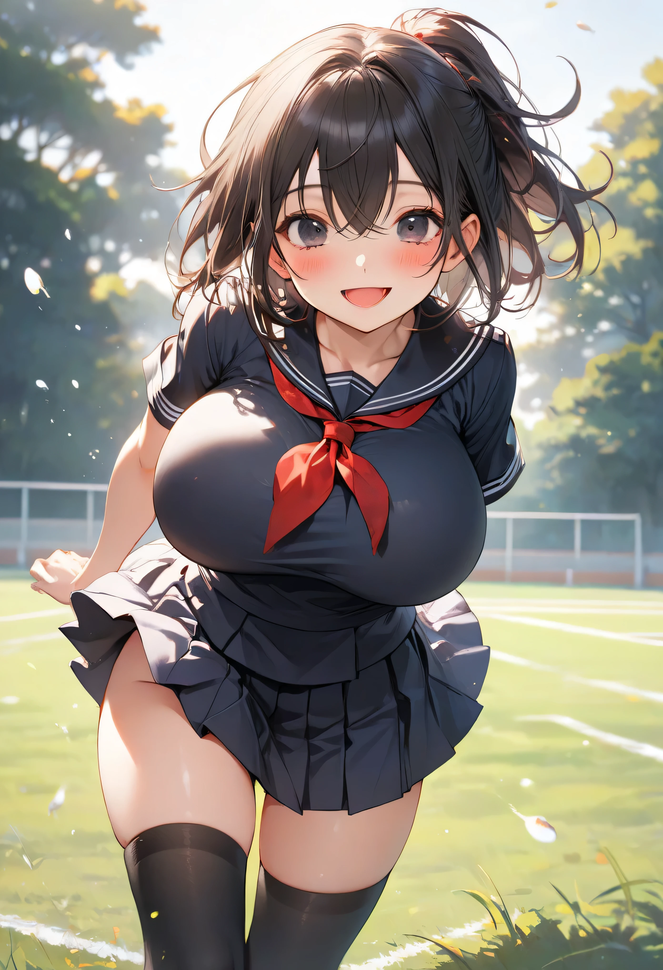 best quality, masterpiece, highres, detailed face, solo, longtorso_v0.63_pony, school field, BREAK, 1 skinny girl standing, (petite small girl:1.3), smile for viewer, open mouth, arched back, arms down behind back, pigeon toed, BREAK, blush, (black sailor uniform:1.2), red tie, black too short skirt, thigh gap, black thighhighs, BREAK, black short hair, deep black eyes, (bursting huge breasts:1.2), disproportionately huge breasts, (bouncing huge breasts toward viewer), (too short torso), too narrow waist, (too short waist), (skinny long legs)