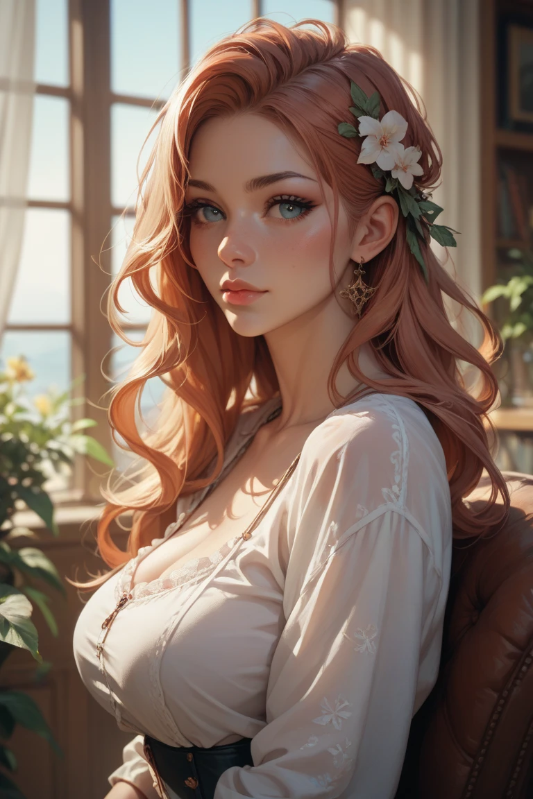 AloyHorizon, Sozinho, long hair, sorrir, brown hair, hair ornament, navel, brown eyes, arma, Braid, ao ar livre, parted lips,  sky, dia, barriga, red hair, behind, armadura, blue  sky, lips, looking to the side, thick eyebrows, shoulder armadura, sardas, showing big ???, Semi-nu. 