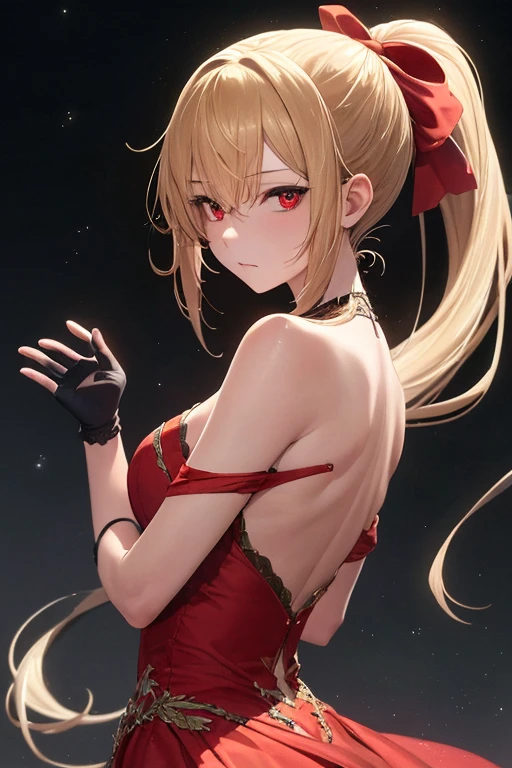 Safe for work, masterpiece, best quality, solo, 1 girl, facing forward, looking at camera, (young female body:1.4), ( medium breasts), slender legs, golden yellow hair, extra long hair, blunt bangs, crystal blue eyes, very detailed eyes, allwyway background, brickwalls, night time, ponytail, standing, leaning forward, erotic, dark red maroon dress, form fitting dress, tight red dress, silver details, flustered expression, arched back, arching her back, cocktail dress, extra short dress, very short red dress, sleeveless dress, chest pressed against wall, both hands on wall, arched ass, strapless dress, backless dress, exposed back, very short dress, thigh length dress, slut