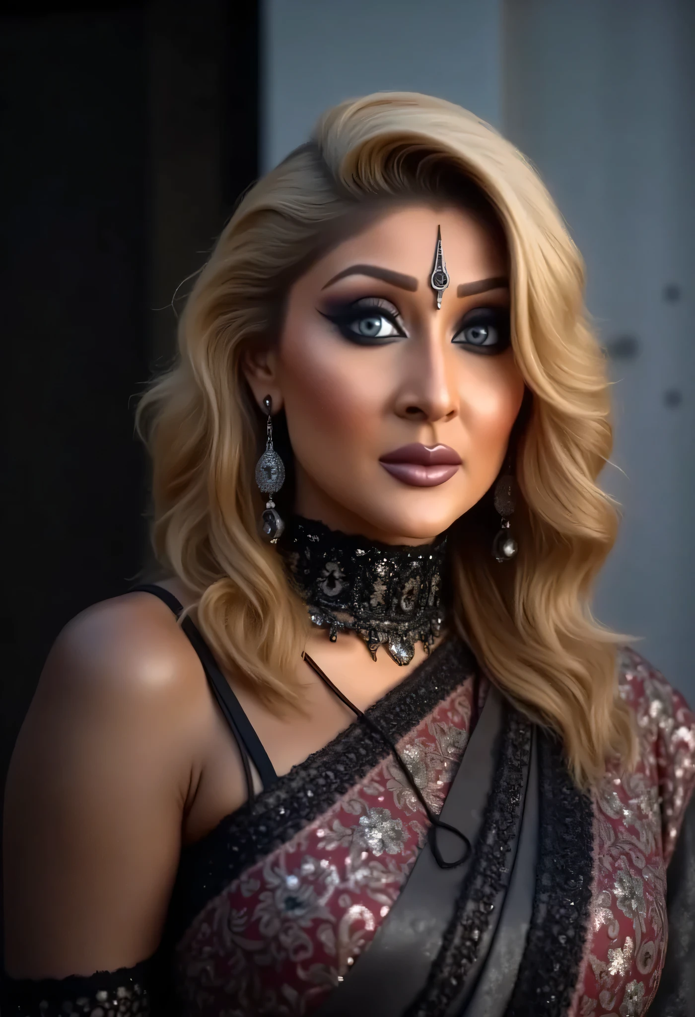 high quality full body Closeup shot, slim arms, milf, full body tattoos, demoness mommy, sexy sleeveless blouse, sensual demoness, queen of the dark world, mother of demons, heavy breasts Indian aunty, attractive figure, huge massive breast, cougar lady witch, horny Gothic milf, dark hairs with blonde highlights, 50 years old gorgeous mature lady, pervert demoness, demoness of lust, curvy, black lips, horny face, extremely gorgeous, slim figure, sexy figure, Fashionable portrait of androgynous alien looking witch, glowing light grey eyes, voluminous lash extensions, futuristic design, minimal details, givenchy, photoreal, 200mm, hd, f/ 5.0, highly detailed, ultra sharp focus, surreal, sexy beautiful evil woman, sexy bold sequin Saree with strapless Bra, chudail, Pishachini, horror genre, blood-thirsty enchantress, powerful female spirit, eerie, drop dead, in the style of red and blue, (intricate details, hyperdetailed:1.15) (skin texture:1.2), vibrant colors and tone, cinematic lighting, urban legend ruined temple in background, desi aunty, chudail aunty, sexy spicy hottest demoness queen, sexy smokin' hot chudail, sexy witch mommy, sexy sleeveless blouse, deep cleavage,