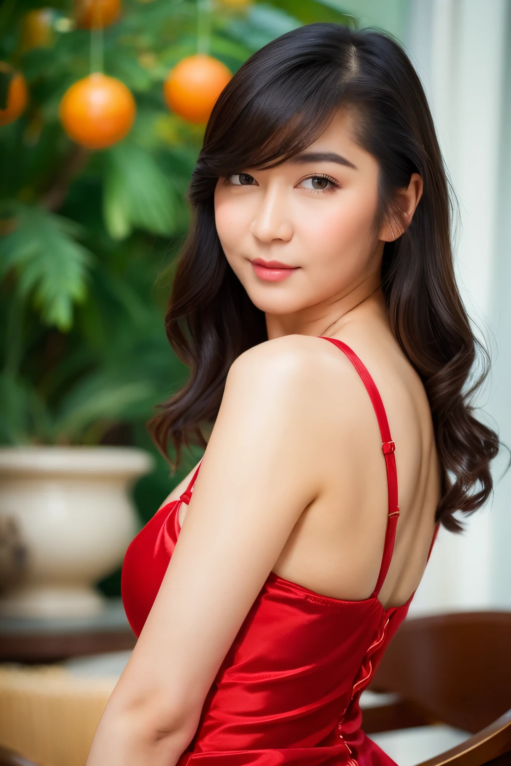 standing, (red t-shirt), sleeveless t-shirt, cleavage, white short pants, looking at camera, front view, long hair, bangs, (detailed face), at luxury restaurant, (potrait body), mouth closed, black eyes, 1 girl, 20yo,Young female,Beautiful Finger, Beautiful long legs, Beautiful body, Beautiful Nose, Beautiful character design, perfect pants, perfect face, expressive eyes, perfect balance, (looking at viewer), White skin, (masterpiece:1.0), (best_quality:1.0), ultra high res,4K,ultra-detailed, photography, 8K, HDR, highres, absurdres:1.2, Kodak portra 400, film grain, (vibrant_color:1.2),professional photograph, (Beautiful,huge_Breasts:1.4), (beautiful_face:1.5), (narrow_waist)