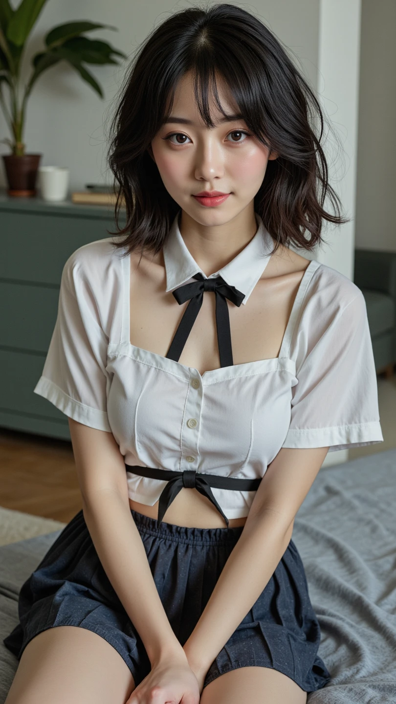 8k, Raw photo, highest quality, masterpiece:1.2), masterpiece, highest quality, figure, Very detailed, Fine details, High resolution, 8k,wallpaper, Perfect dynamic composition,(Detailed high quality, Realistic depiction of eyes:1.3)、A woman who has been and has her hands tied、Arms wrapped around his back, hands tie behind back, gagged in the mouth、Inside a beautiful hotel room at night、Sitting on the bed、Outside the window is a night view、 With legs wide open、White panties are visible、Tartan plaid pleated skirt、whole body、The whole thing faces forward、21talent、Beauty、Well-formed face、Make your eyes even、Beautiful black hair、Has bangedium build、Well-balanced proportions、Beautiful legs、Blue Short Sleeve Blouse、Fresh face、Beautiful scenery、