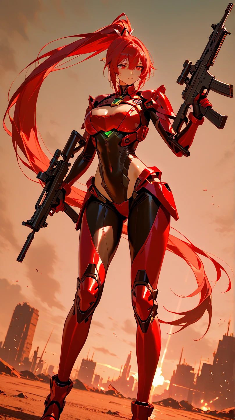Anime girl posing next to giant machine in red lingerie, Asuka Langley Soryu, asuka langley sohryu, asuka langley souryuu, asuka langley, girl in mecha cyber armor, Mechanized Valkyrie girl, portrait of asuka langley soryu, cyberpunk anime girl mech, perfect anime cyborg woman, beautiful asuka from evangelion,Huge breasts