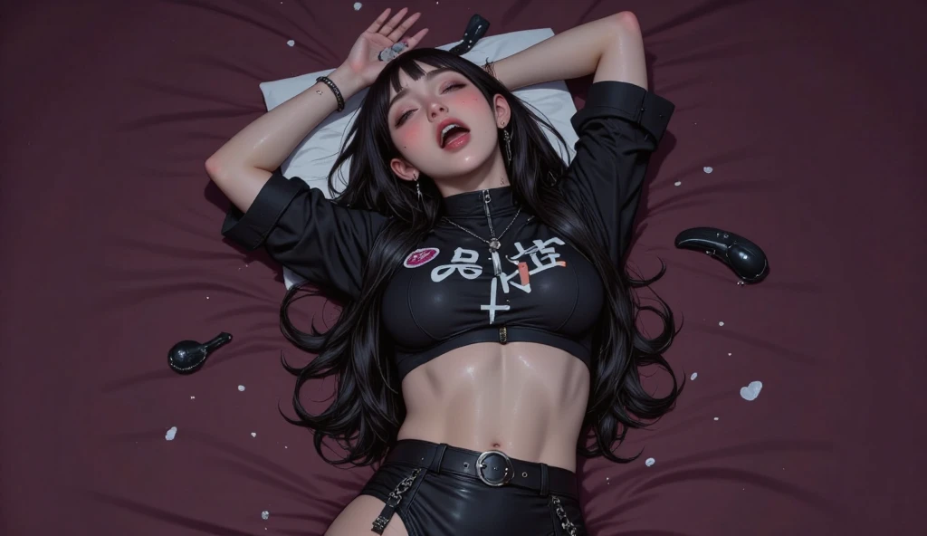 realistic, 1girl, naked naked, ,Camera Shot、 、big thighs, Slender,(excessive cum in:1.2) , 、(Pink Bed 1.5), (Big macho man), (Very long black hair), (Intense Sex:1.7),((( Lower class))) 、(((lying on his back)))、,Detailed face、Detailed eyes、Detailed person、Detailed mouth、(((used condom)))、1 boy, a man's left hand holds his waist、 Hold your smartphone with your left hand、📱Take a photo with your smartphone、Record a video on your smartphone、Gonzo with your smartphone、Different doubles : natural, Behavior: Relaxed, Carefree, Bed : Lying on the bed, Breasts are very
