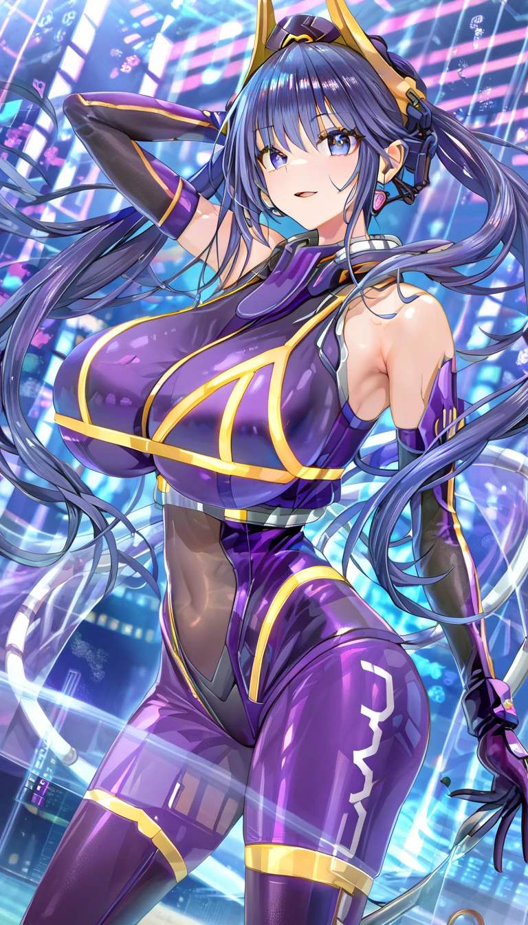 A woman, perfect body, tabby body, black and purple hair,blue eyes, ponytail style hair, compressed shirt,Tongue out while smiling