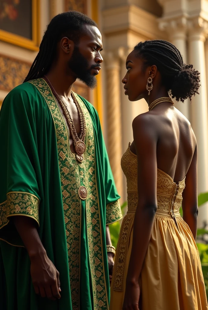 Wide view as They meet in secret under cover of night sharing wispered dreams and stolen kisses.. Create a Envision an image of one regal African, figures that embody the majesty and grandeur of ancient royalty. Their skin is a lustrous bronze, symbolizing strength and beauty. The woman is adorned with elaborate golden attire, with the man wearing a magnificent turban and the woman a luxurious headwrap, both signifying their high status. Her jewelry is a statement of opulence, with necklaces, earrings, and armlets that are both intricate and symbolic. They meet in secret under cover of night sharing wispered dreams and stolen kisses. The artwork captures a moment of quiet strength and mutual respect, with their poised expressions and the close proximity to one another indicating a powerful bond.