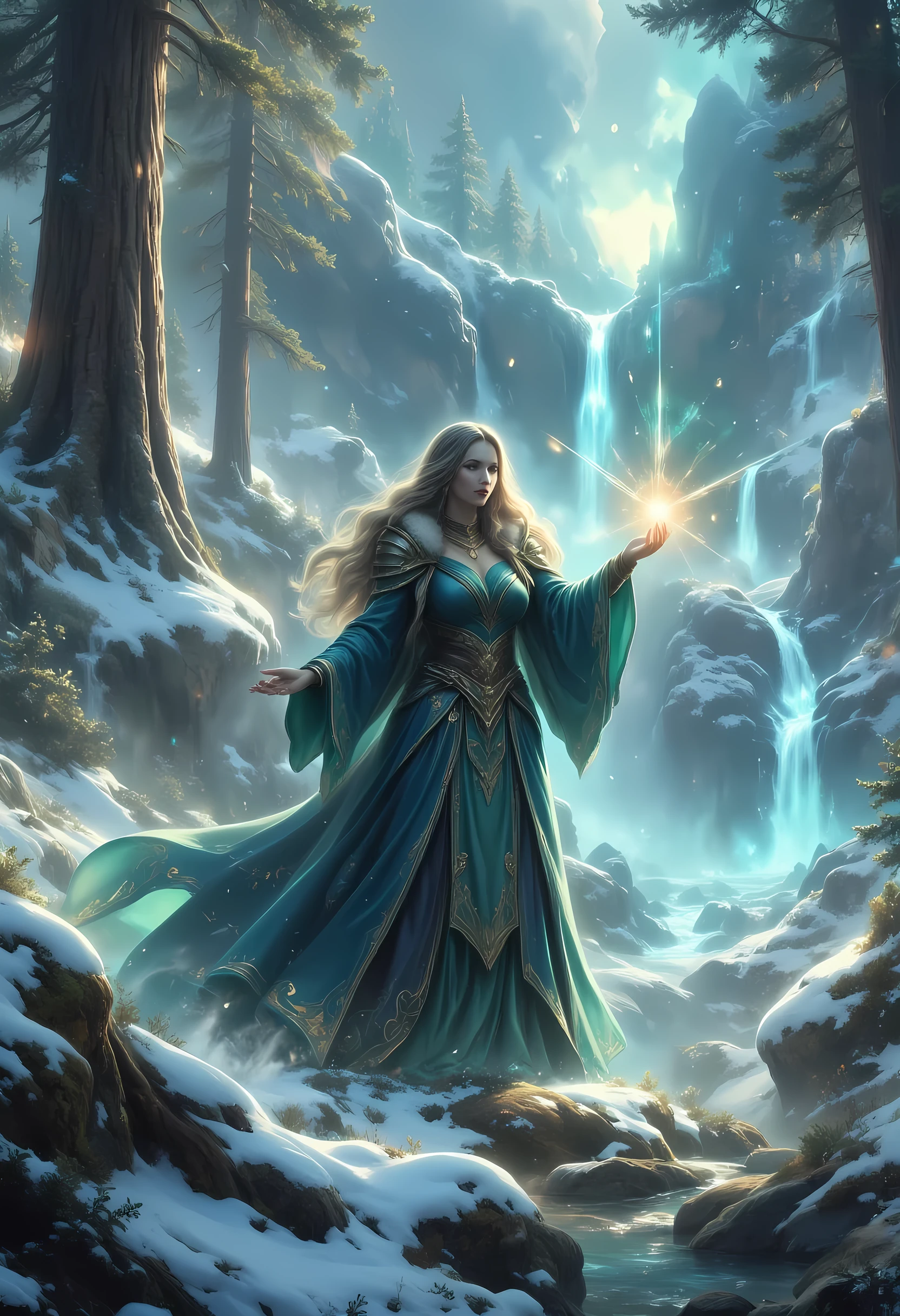 Fantasy Poster, best quality, 16k,  druid warden, casting a spell in a snowy fantasy forest, human female druid, full body , exquisite beautiful woman druid , ultra detailed face , long hair, wavy hair  busty, dynamic eyes color, fair skin, wearing blue cloak, green robe , wearing high heel boots any trees, snow, a stream of water, waterfall (intricate details, Masterpiece, best quality: 1.5)  , invert color, Celestial Fantasy