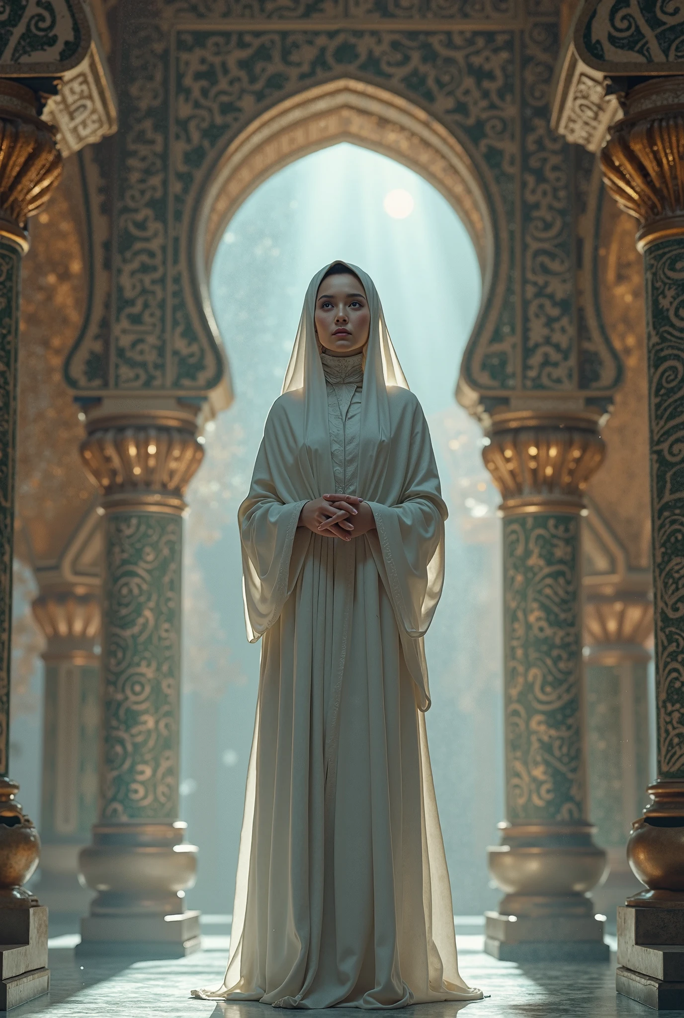 Giant girl,with hijab ,looking at the viewer