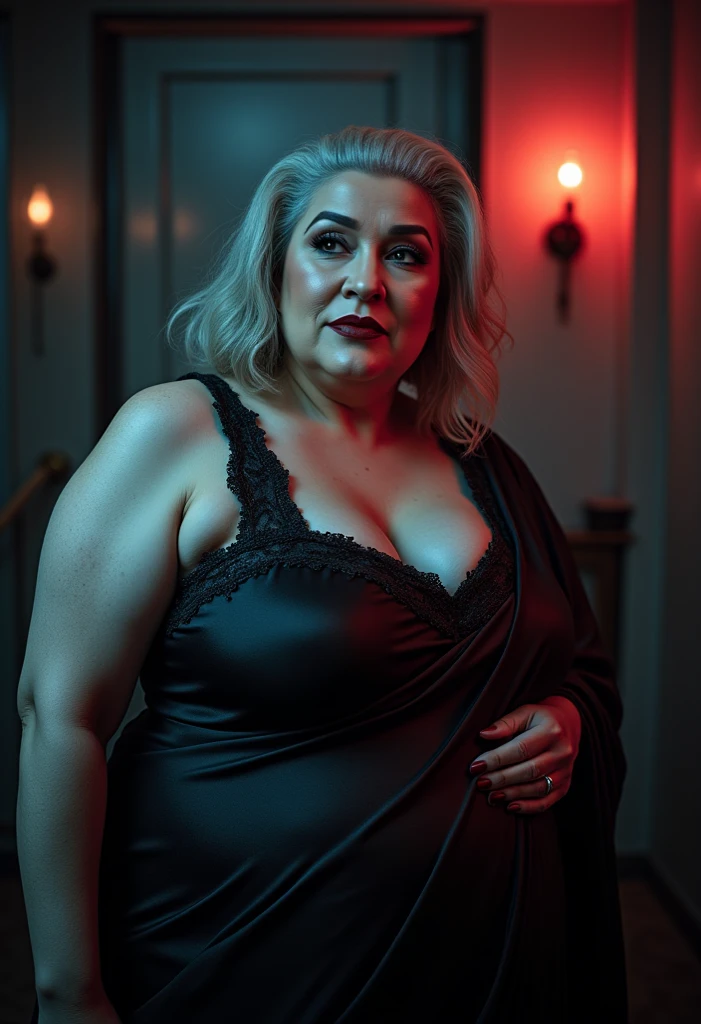 image of a couple, a 70-year-old obese BBW prostitute with colossal macromastia and large cleavage and her client, [entering a dimly lit room of an old, dilapidated brothel]. The elderly woman, in the final stages of her career, wearing a vulgar corset dress, leads the way with a confident but weary expression. Her young male client, follows close behind, dressed in casual clothes and slightly disheveled.