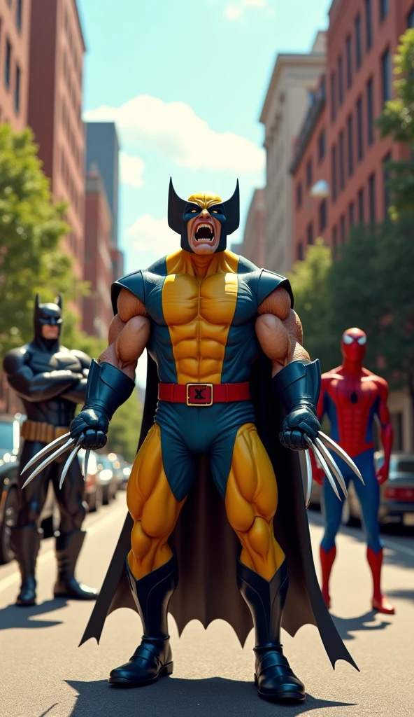 "A highly detailed 3D-style scene of Wolverine, Batman, and Spider-Man standing in the middle of a lively city street in the late afternoon. Wolverine is in the foreground, wearing his classic yellow and blue suit, his sharp claws extended, and his mouth wide open in a powerful, feral scream. His expression is intense, veins slightly visible from the strain, emphasizing his raw energy. Behind him, Batman, dressed in his dark armored suit with a flowing cape, stands with his arms crossed, observing the scene with a stoic and serious demeanor. To the side, Spider-Man, in his red and blue suit with the white spider emblem, looks on in exaggerated shock, his mouth slightly open as if reacting to Wolverine's outburst. The background features red-brick buildings, parked cars, and tree-lined sidewalks under a bright blue sky with warm sunlight casting realistic shadows. The scene is dynamic, highly detailed, and rich in color, capturing an epic mix of action, emotion, and humor."