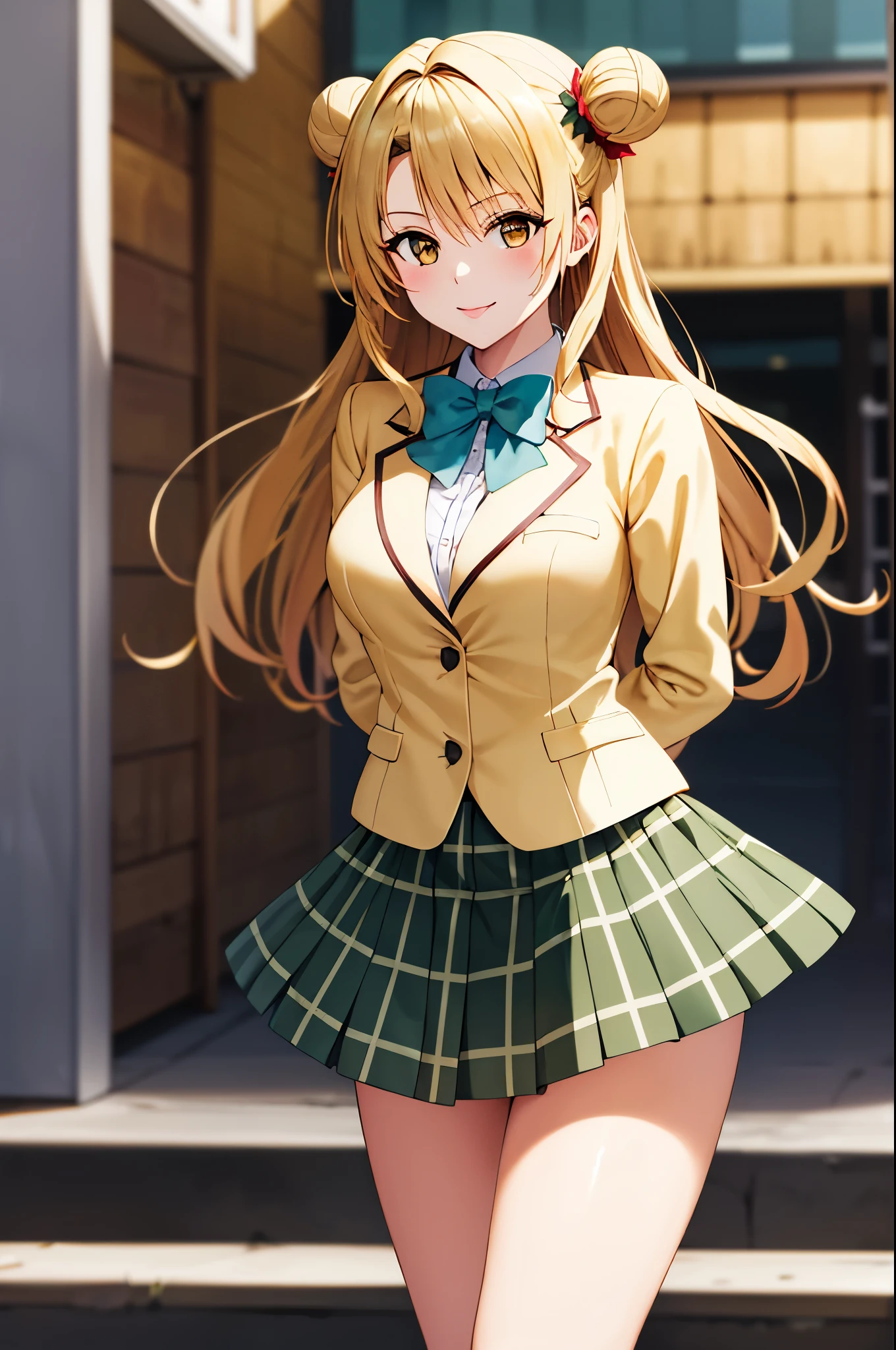 masterpiece, best quality, highres, 1girl, solo, long hair, blonde hair, double bun, brown eyes, school uniform, green bowtie, blazer, yellow jacket, long sleeves, plaid skirt, green skirt, standing ,arms behind back, building, smile ,glossy lips,cowboy shot