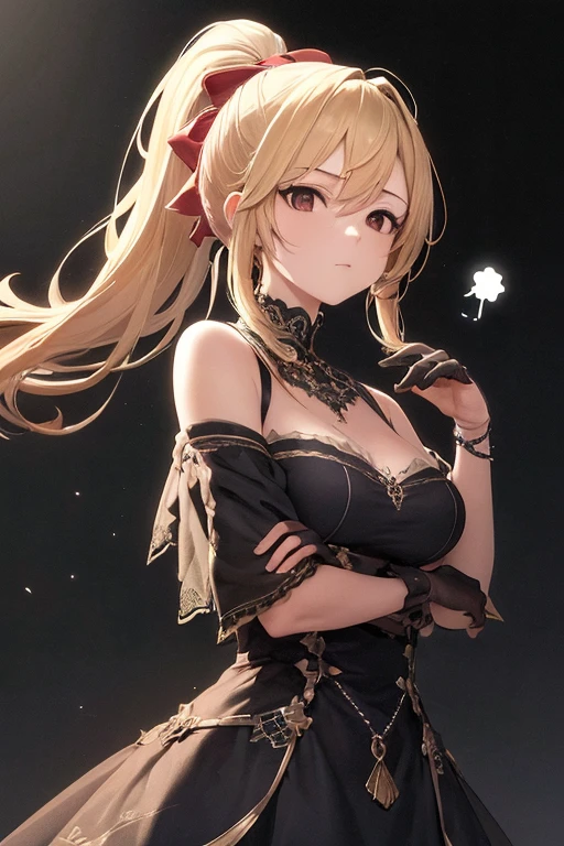 yor briar, anime style beutiful woman, 1girl, happy, sexy pause,(with sparkling eyes and a contagious smile:0.9),red face, closed mouth, beautiful detailed eyes, super detailed skin, backlighting, bare shoulders, black background, black dress, black gloves, black hair, breasts, dress, earrings, fingerless gloves, floating hair, floral print, flower, gloves, gold earrings, gold hairband, hair flower, hair ornament, hairband, holding, holding weapon, jewelry, large breasts, long hair, looking at viewer, off-shoulder dress, off shoulder,red eyes, short hair with long locks, sidelocks, solo, spikes, thighs, two-sided dress, two-sided fabric, weapon, fighting stance , face, close up, from above, highest quality, looking at viewer,high resolution.