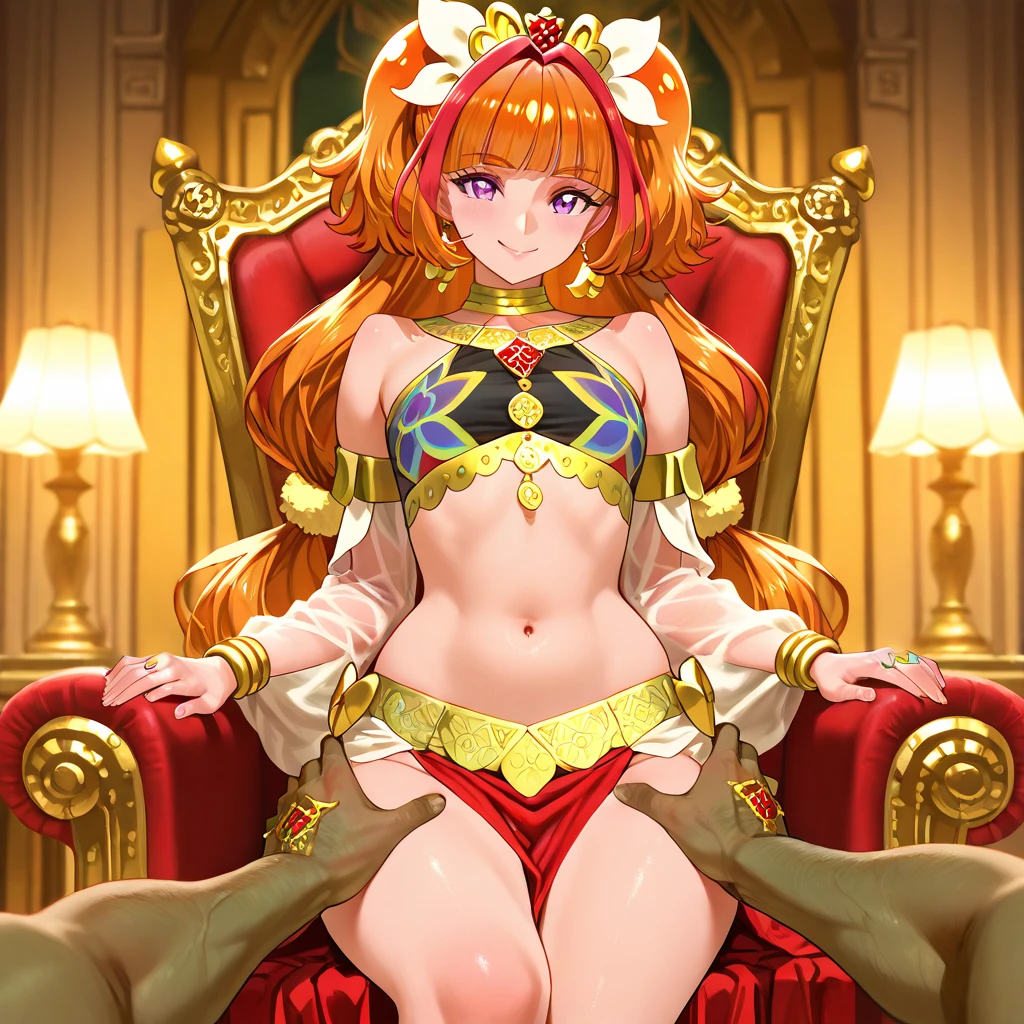 score_9, score_8_up, score_7_up, score_6_up, uncensored, asuna yuuki, orange hair, fold, braid, long hair, orange eyes, naughty face, shiny skin, sweating, BREAK (masterpiece:1.2), best quality, high resolution, unity 8k wallpaper, (illustration:0.8), (detailed eyes:1.3), perfect lighting, extremely detailed CG, (perfect hands, perfect ???????), ????, 3d, 1girl, sitting, (spread legs:1.3), solo, jewelry, earrings, throne, dress, full_body, bare_shoulders, looking_at_viewer, crown, breasts, white_dress, simple_background,