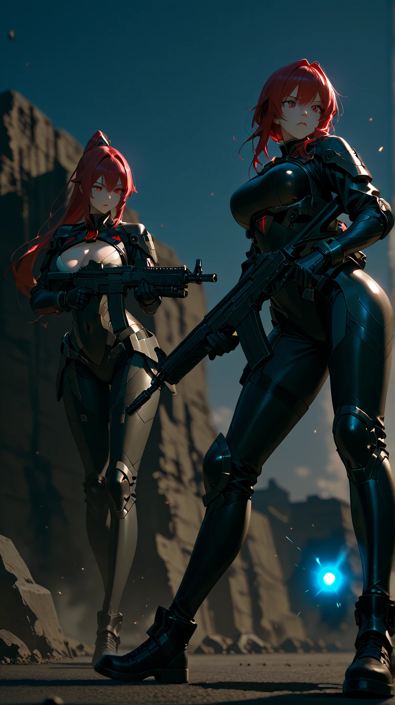 4 female busty robots surround one man, Utopian World, giga_busty