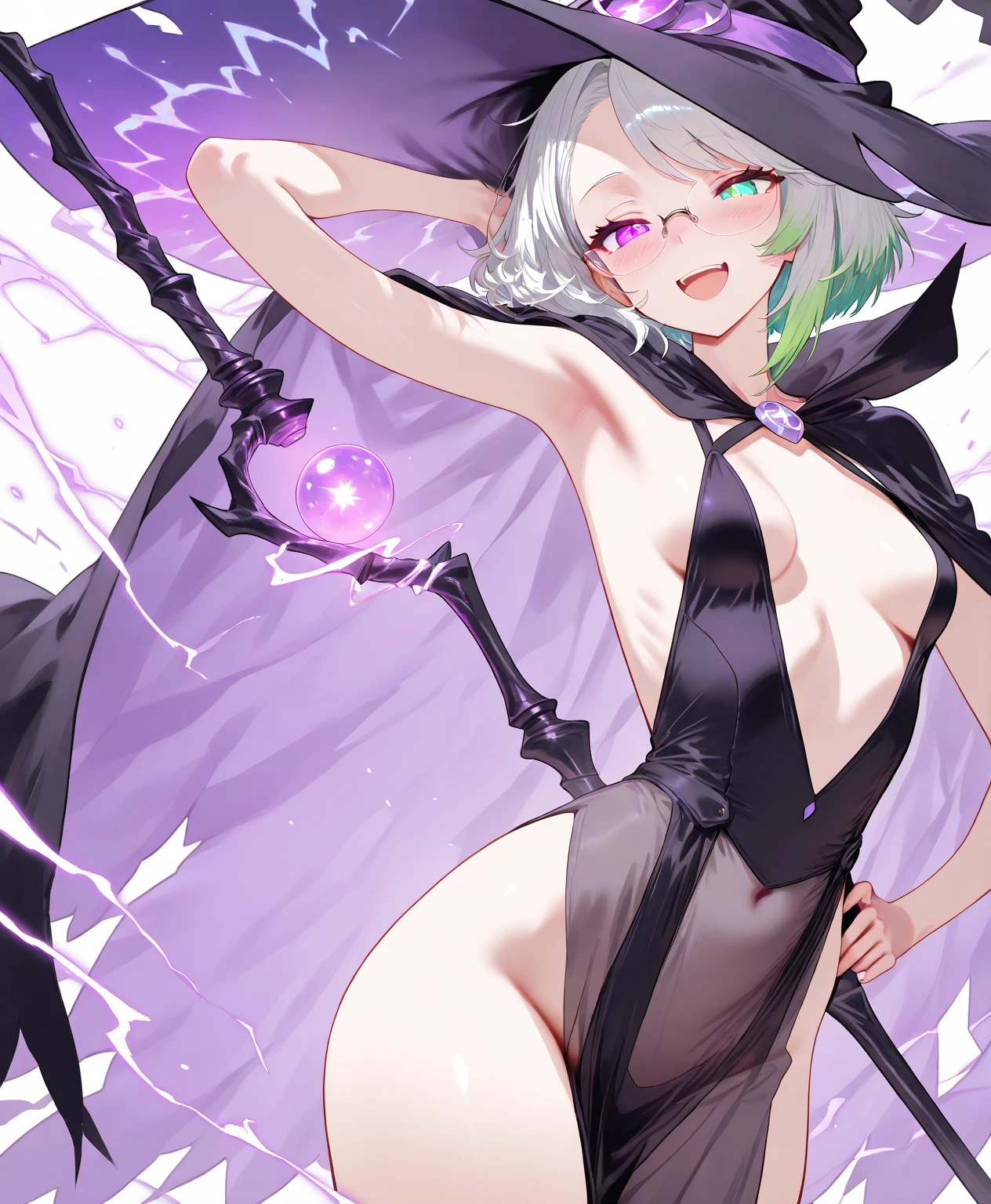(masterpiece, best quality:1.5), (ultra detailed, high resolution, 8k, beautiful detailed, UHD, best anatomy), white hair, flat breasts, 1 cool girl, Background is red and blue flame effects, Jet black robe, Purple fiery aura over one eye, standing, night, Serious expression