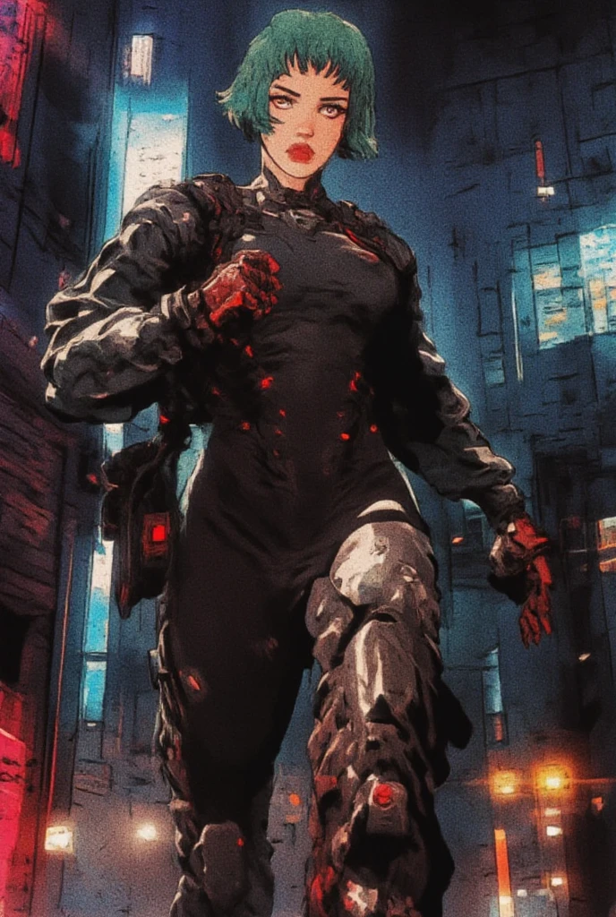 cyberpunk weapon woman tattoos, vest, swaat gear, cropped photo, Generate an atmospheric and neon-lit cityscape at night, with towering skyscrapers and holographic advertisements illuminating the dark streets. Incorporate a sense of grittiness and dystopian decay, with crumbling infrastructure and overgrown vegetation. The dominant color palette should be shades of blue, green, and yellow, with bursts of red and orange from neon signs and explosions. In the center of the image, depict a lone figure (human or android) standing atop a ruined building, looking out over the cityscape with a mixture of determination and despair in their expression. The figure should be dressed in a combination of futuristic and scavenged attire, with visible cybernetic enhancements. Surrounding the figure are hints of rebellion and resistance, such as graffiti-covered walls, makeshift barricades, and scattered scraps of technology and hardware. Incorporate atmospheric elements like smoke, mist, and sparks to add depth and texture to the scene. close up