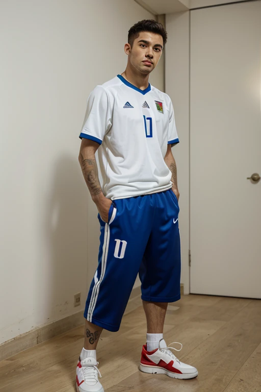 A strong, hairy, bearded Persian man wearing the El Salvador national football team uniform. He must wear a blue shirt with white details and the Salvadoran Football Federation shield on the chest.. The shorts must be white with blue details., and the socks, blue with a white stripe. His expression should be confident, e a pose, Stately, reflecting their strength and pride by wearing the uniform.