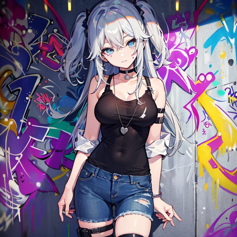 ((best quality)) , ((masterpiece)) , (detailed) ,halo, 1girl, shorts, purple eyes, breasts, long hair, looking at viewer, thighs, sports bra, headphones, shirt, window, solo, dolphin shorts, sitting, black shorts, white hair, short sleeves, white shirt, short shorts, indoors, knee up, bangs, bra, large breasts, closed mouth, shirt lift, bare legs, medium breasts, crop top, midriff，(((full body))),(((Grunge style ， Textured, distressed, vintage, edgy, punk rock vibe, dirty, noisy)))