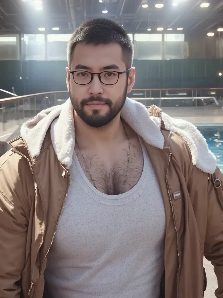 stanpines, solo, male focus, upper body, muscular, mature male, old man, short hair, grey hair, brown eyes, thick eyebrows, glasses, black-framed eyewear, facial hair, stubble, sideburns, smile, necklace, gold chain, chain, white tank top, blue boxers, striped male underwear, blue slippers, plump, belly, fat, arm hair, leg hair, sitting, yellow checkered armchair, simple background, dick out