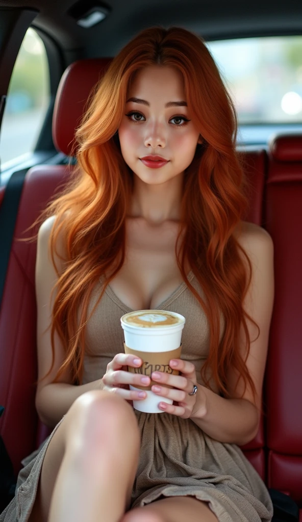 a woman with (super long hair:1.5) standing in a room holding a cup of coffee, large breast, cleavage, choker, red hair <lora:super_long_hair:0.5>