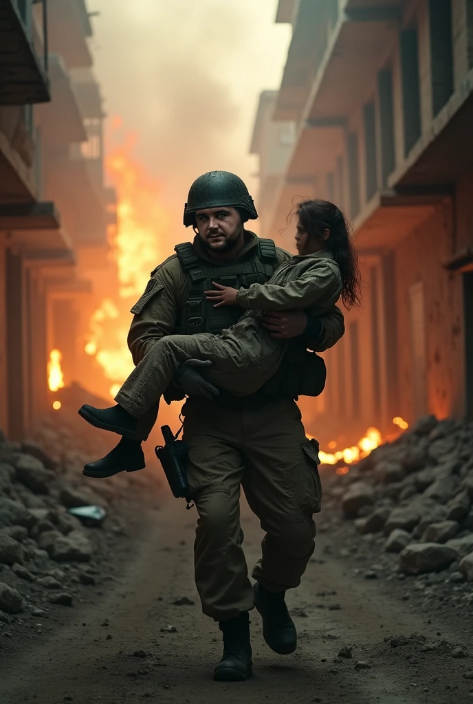 En el centro de la imagen, dos figuras se destacan: un soldado hombre valiente, con uniforme desgarrado y mirada decidida, sosteniendo un rifle en una mano y protegiendo a una mujer joven y vulnerable con la otra. The woman has an expression of determination mixed with fear, clinging to the soldier while looking towards the horizon with worry.

The background could be illuminated by flashes of fire and explosions, creando un ambiente de caos y peligro inminente. This image would convey the intensity of the action and drama, as well as the emotional bond between the protagonists in the midst of the conflict.