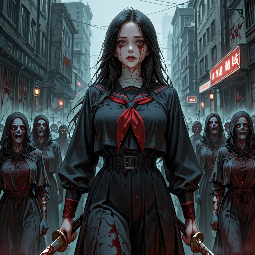 (blood), (blood en la ropa), (blood en el rostro), (blood en el cuerpo), masterpiece, Superior image quality, High resolution, 4k image,photo and gross, photorealistic, 1 young 15 year old girl fighting zombies, {{{vagina}}}, fighting pose, big breasts, beautiful face, long black hair, black eyes, very detailed eyes, pink cheeks, shy expression, choker:1.6, (white collar button down long sleeve shirt), black gloves, gloves that cover hands, (holding an axe in his right hand), (black leather corset), (shiny black miniskirt), Sensual Lips , evening de invierno, show details in the eyes, View from the front, looking at the viewer, Victorian style city, 5+ zombies, evening, atmosphere, horde of zombies behind, zombies attacking young girl