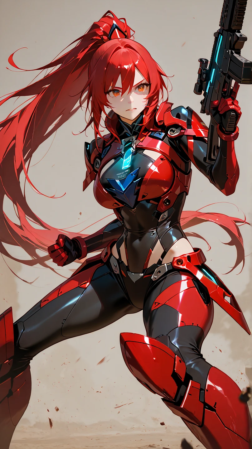 masterpiece, best quality, best quality, masterpiece, highres, focus, anime style, an anime girl with vibrant, flowing hair wearing a sleek red hazard suit that fits snugly around her body. The suit is adorned with intricate details, and she wears a matching helmet with a transparent visor that reveals a determined expression. The character's posture exudes confidence, and the transparent background allows for versatile use in various settings or compositions.