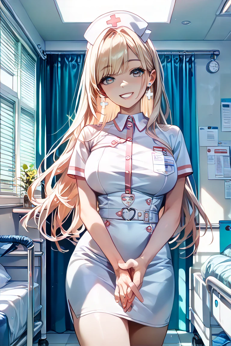 ((((, , Perfect Anatomy, Very detailed肌)))), 1 girl, Japanese, 19 years old, nurse, White skin, Glowing Skin, Large Breasts:0.5, Take in the view, (smile:1.5), 
Beautiful attention to detail, (Mid-length hair:1.1, Half Up:1.5), Blonde, blue eyes, Pink Lips, Baby Face, Mole under the eye, 
((nurse cap, Short sleeve, light pink nurse wear, ((White legwear, zettai ryouiki)), White gloves)), 
(Beautiful views), Daytime, , ((In a hospital bedroom, Modern)), Are standing, 
(8k, Highest quality, Masterpiece​, Very detailed, ), (Realistic), figure, Cinema Lighting,