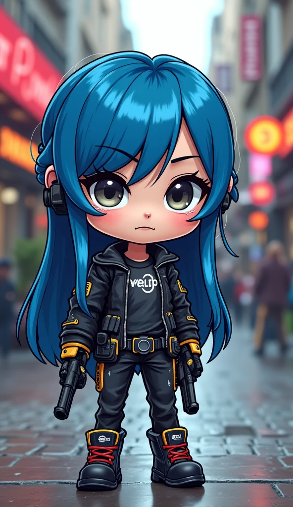 (Chef-d'œuvre ,  style Chibi , meilleure qualité:1.2) femme chibi seule face à l'objectif, typée européenne , mince , très long cheveux bleu nuits nattés, yeux couleur gris pâle , peau pâle , expression de colère , visage rond sans fossette , vêtue d'une tenue cyberpunk ; le personnage tient un gun cyberpunk dans chaque main ; fond d'image ville cyberpunk da’s un style chib ; Il captive le public , prise de vue globale ,  Poursuite de l'esthétique incroyable qui vous submergera, chibi , design de personnage complexes , accentuations sur le personnage 