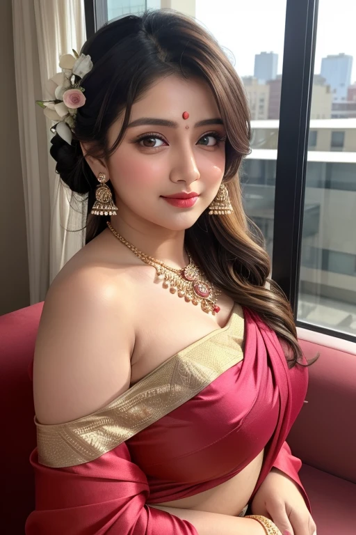 Indian busty gorgeously prettiest lady(face lookinlike Indian actress(beautiful face, beautiful nose, beautiful eyes, beautiful lips, beautiful navel,very large gigantic breasts,)) wearing saree. She is wearing Indian saree blouse, her huge large gigantic beautiful breasts Coming out of her blouse but she is very shy. She is giving intimate look. Her she is showcasing her deep huge cleavage of huge saggy breasts lying on bed sleeping. Real skin texture. Real clothes, She is real Indian housewife, Full body photo, full picture. Her facial details are exceptionally perfect realistic. She is smiling softly. Her lips are perfectly crafted. Very shy sexy mother lying on side on bed. Shebhas voluptuous breasts. Mother is getting aroused by sexual intimacy. She is giving sexy pose. Her natural large breasts are so beautiful.