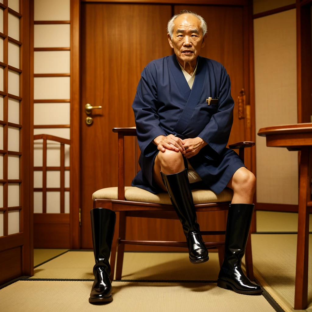 （male people），70 years old，samurai clothing，Strong build，（The hem is open），The reveal panties，In old Japanese houses，On tatami，large bulge，The crotch faces the camera，The camera is focused on the crotch，High fidelity，Sexy action，Hands touching the crotch，Sexy action，Wear socks，well-illuminated，Warm lighting