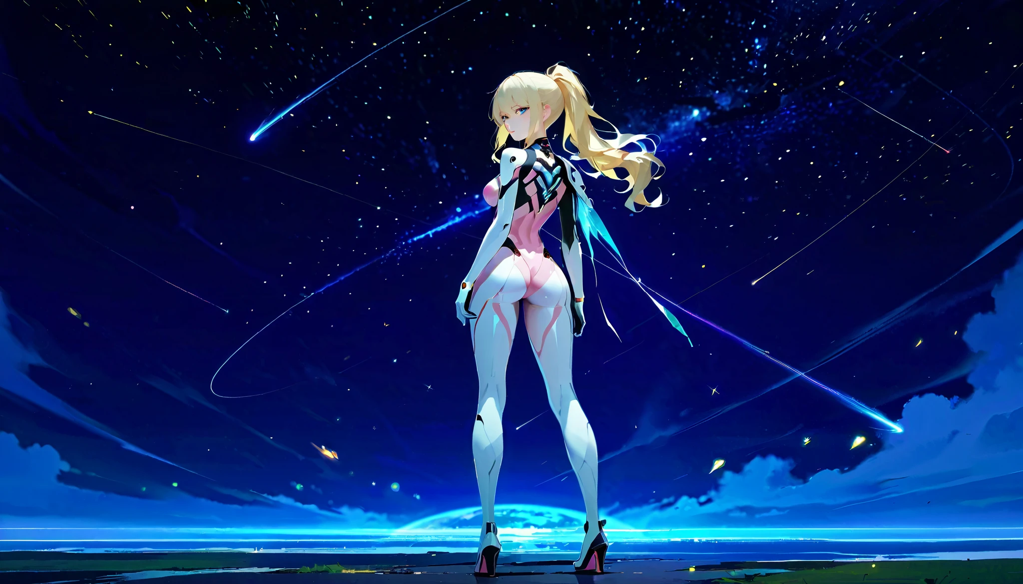 (very detailed CG unity 8k wallpaper, masterpiece, best quality, ultra-detailed), 3D, a beautiful female model, transparent white and pink bodysuit, detailed face, beautiful eyes, full lips, long lashes, flowing hair, elegant pose, Under an empty night sky, by the sea, dramatic lighting, ethereal, Surreal, dreamlike, mist, Fog, shimmer, glowing, planet surface, falling stars, 8k, high-quality, cinematic, masterpiece, full body, back view, looking at viewer, ass, 1girl, slim, lean and toned body, medium breasts, wide hips, fair skin, long wavy hair, blonde hair, ponytail, bangs, crystal blue eyes, stern expression, faint scar on left eyebrow, white and pink plug suit, skintight bodysuit, standing, sci-fi armor on shoulders, sci-fi armored spine, heels