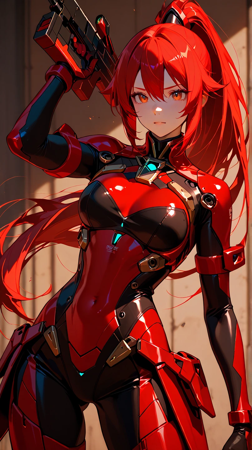 a beautiful girl, with big breasts, with exotic red clothing, Red hair, light skin and red eyes.