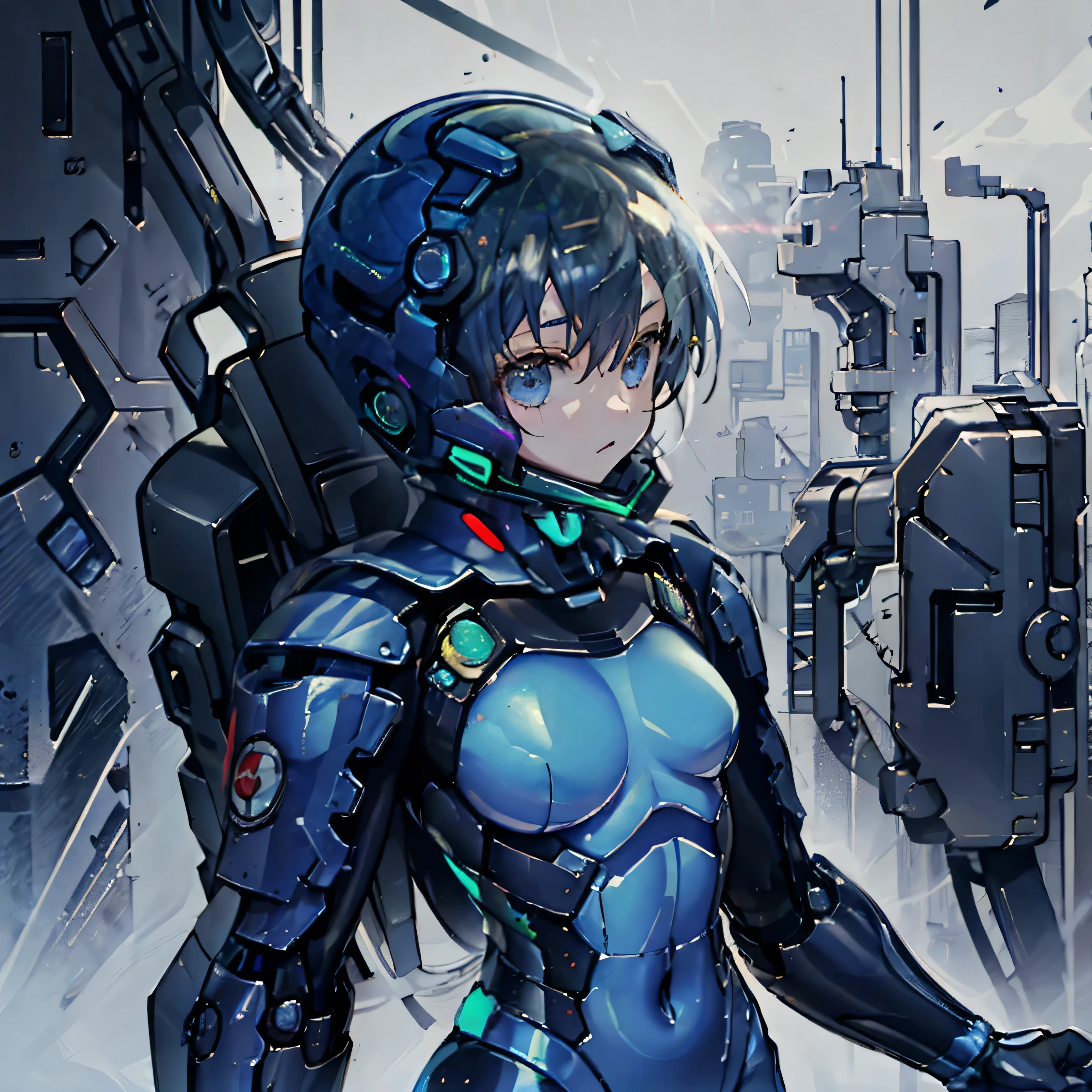 (masterpiece、highest quality、Highest Resolution、Clear_image、Detailed details、Angle from above): (Whole body、One 20 year old girl、Japanese Faces、Small Face、Slender、Navy blue super short bob cut hair、(Hidden small breasts:1.3)、Sparkling blue eyes、Shiny pilot suit in blue and black colors、Chest protection armor、Tight fitting clothes、Clothing that covers the whole body、Glamorous clothes、Tight Fit Pants、Hide your skin、Very delicate and beautiful、Detailed Skin、hide thighs、Hide your ass、Cute、A gentle smile、Soft expression、heroine、headset、Knee-high boots、Elbow-length gloves、Eye Level Shot、Face directly、Woman on a spaceship)