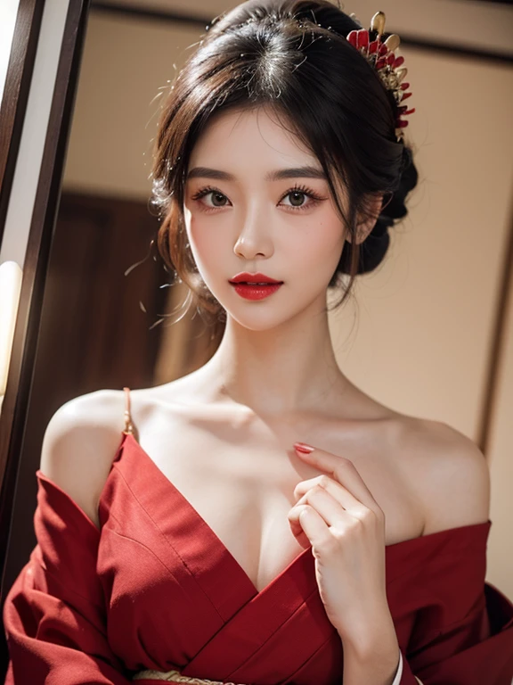 8k, Ultra-high resolution, highest quality, masterpiece, Rule of thirds photography,Surreal, photograph, 1 girl, (16 years old:1.3), pretty girl, Cute Face, Beautiful eyes in every detail, 細かくdetailedに,masterpiece,, One Girl:1.2, Japan Female Announcer,A woman in a red dress and gold jewelry is looking to the side,Sexy pose,Thin lips ,Bold Pose,Looking at the audience、beauty,Long neck、Laugh a little、Please close your mouth and laugh、(((Ideal body type))),A cup small breasts :2,whole body、Perfect Anatomy、鮮明なdetailed、detailed、Surreal、Light and shadow,Strong light