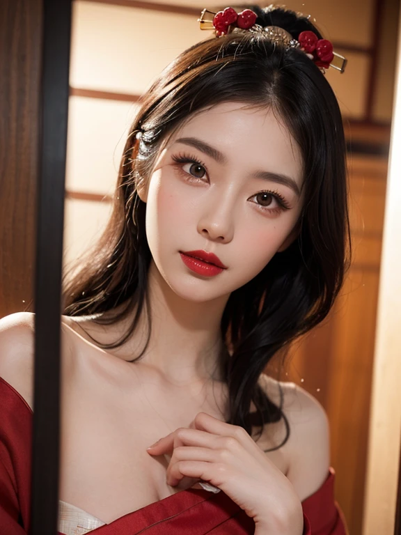 masterpiece, best picture quality, high quality, beautiful girl, Japanese, Japanese school girl, popular Korean makeup, detailed, swollen eyes, detailed eyes, detailed skin, beautiful skin, ultra high resolution, (reality: 1.4), very beautiful, slightly younger face, beautiful skin, slender, (ultra realistic), (illustration), (high resolution), (8K), (highly detailed), (best illustration), (beautifully detailed eyes), (super detailed), (wallpaper), (detailed face), looking at viewer, fine details, detailed face, pureerosfaceace_v1, smiling, looking straight ahead, looking straight ahead, angle from waist up, realistic photo, bright lighting, professional lighting, black hair (some green), long hair, dark ruins, big red moon, gorgeous red and black dress, mature woman, long stylish bangs, <lora:jpcosermix:0.6>