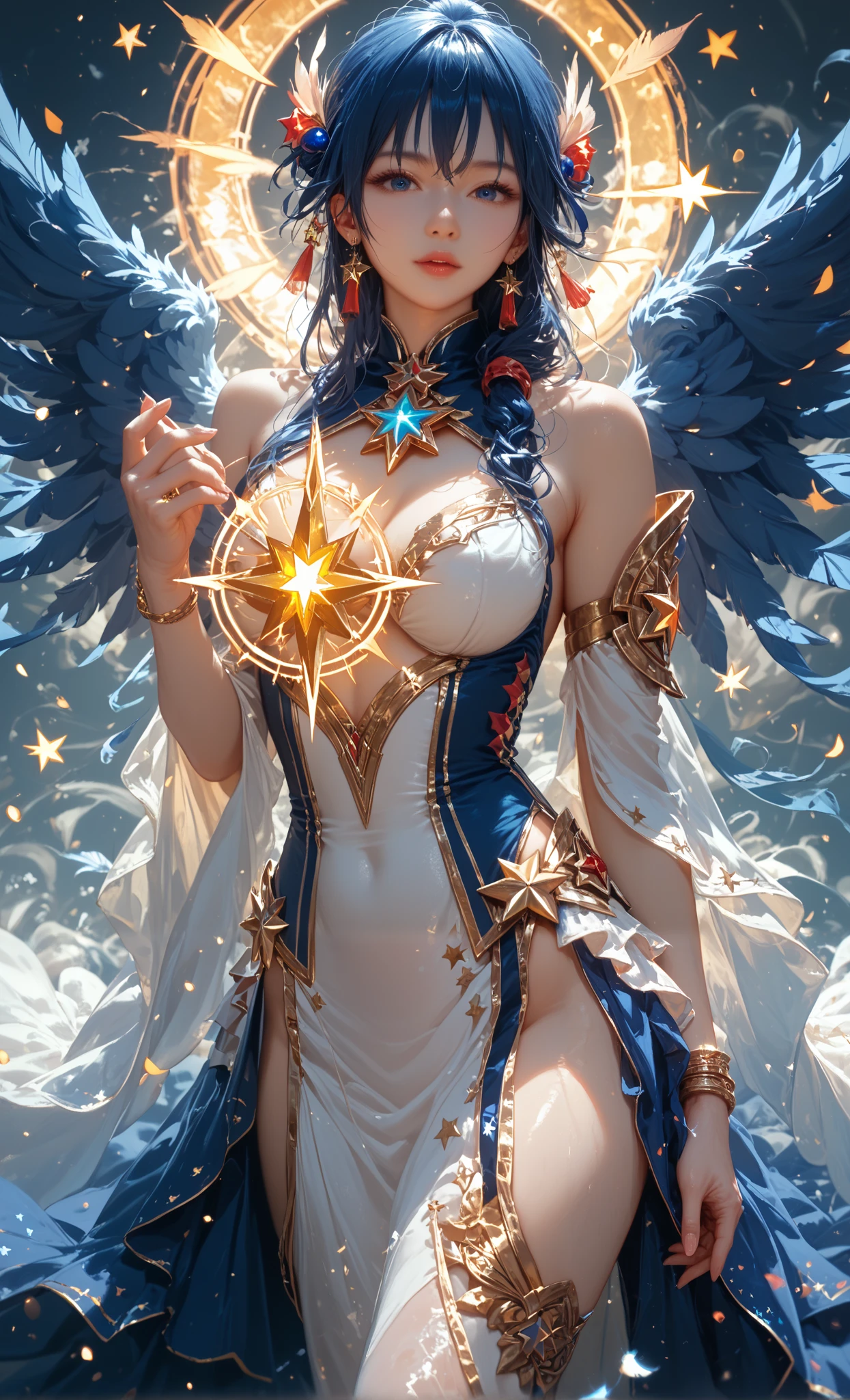 masterpiece, "God united angel",in your hand to purify the chakra energy center of the body,Protects against negative energy,The color is a mixture of gold and red,(( Shining Star )),feather, Detailed Body Part Detail , 8k Wallpaper,