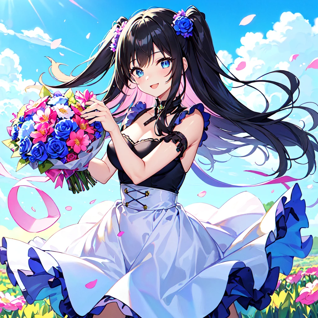 masterpiece, best quality, high quality, extremely detailed, very delicate and beautiful, (1 female 18 years old solo:1.5), (long black hair up to waist with two side up:1.4), bangs to eyebrows, eyes (eyes sharp, strong, glossy, glossy eyebrows), (eye color magenta: 1.3), 6.5 head height, (summer flower print fashion: 1.3), knee socks, ruffles, lace, (smiling), (holding a bouquet of summer flowers: 1.3), (dynamic pose), (background summer colorful flower field: 1.3), (Blue Sky: 1.3)