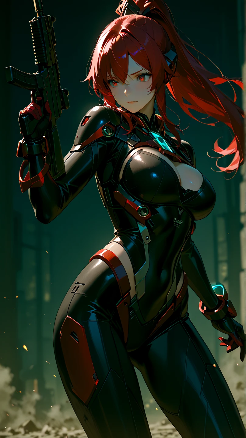 view from below angle from below camera shoots from below cyborg warrior girl in an attacking pose View from below, angle from below, flat horizon photo, Girl android , she has long red hair, hair tied up in a ponytail, she has a mask on her face, a respirator, a woman with sexy hips, incredibly beautiful blue eyes and a gas mask on her face, half cyborg, technological modifications. Beautiful face, pretty face, look at the camera, black metal cybernetic android robot body, Large, wide hips, suit with red indicator lines with many red details, red colour corset, red glowing lines on clothing details, cybernetic armor with a red glow from under the joints and joints, she has blue eyes , frame with a flat horizon, Anime Style Photography , Red Lasers, black background Cyberpunk style, the camera films Her from below, lower angle of photography, black background image of a night black city and red neon lights, red lamps, red lighting, red flashes IN THE BACKGROUND are the red lights of the night city and red glowing glass shop windows