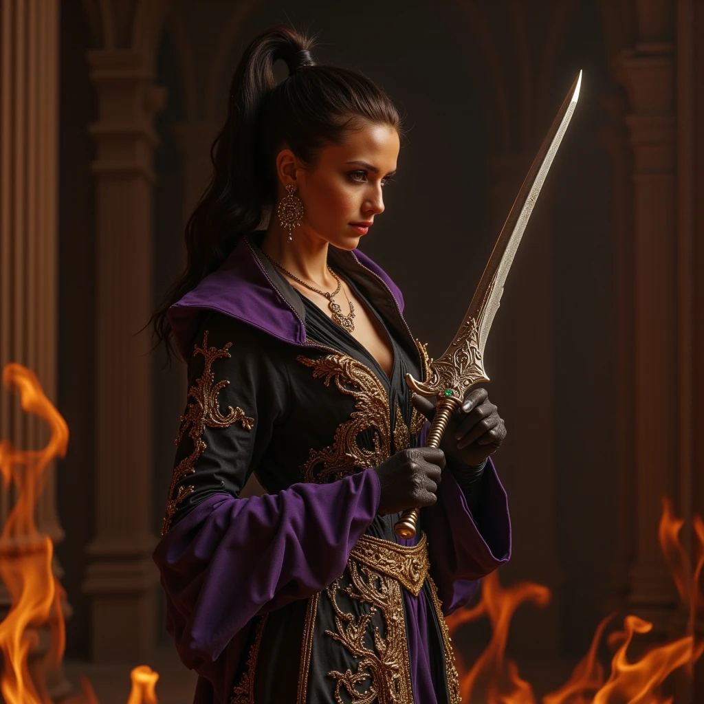 Elara Clington, a British woman with raven-black hair, wearing a tight Mage robe with intricate patterns, holding a staff imbued with necromancy power, with deep purple glowing eyes, in a dark fantasy setting,{Pretty, Perfect} Nice body (the body is closed)
