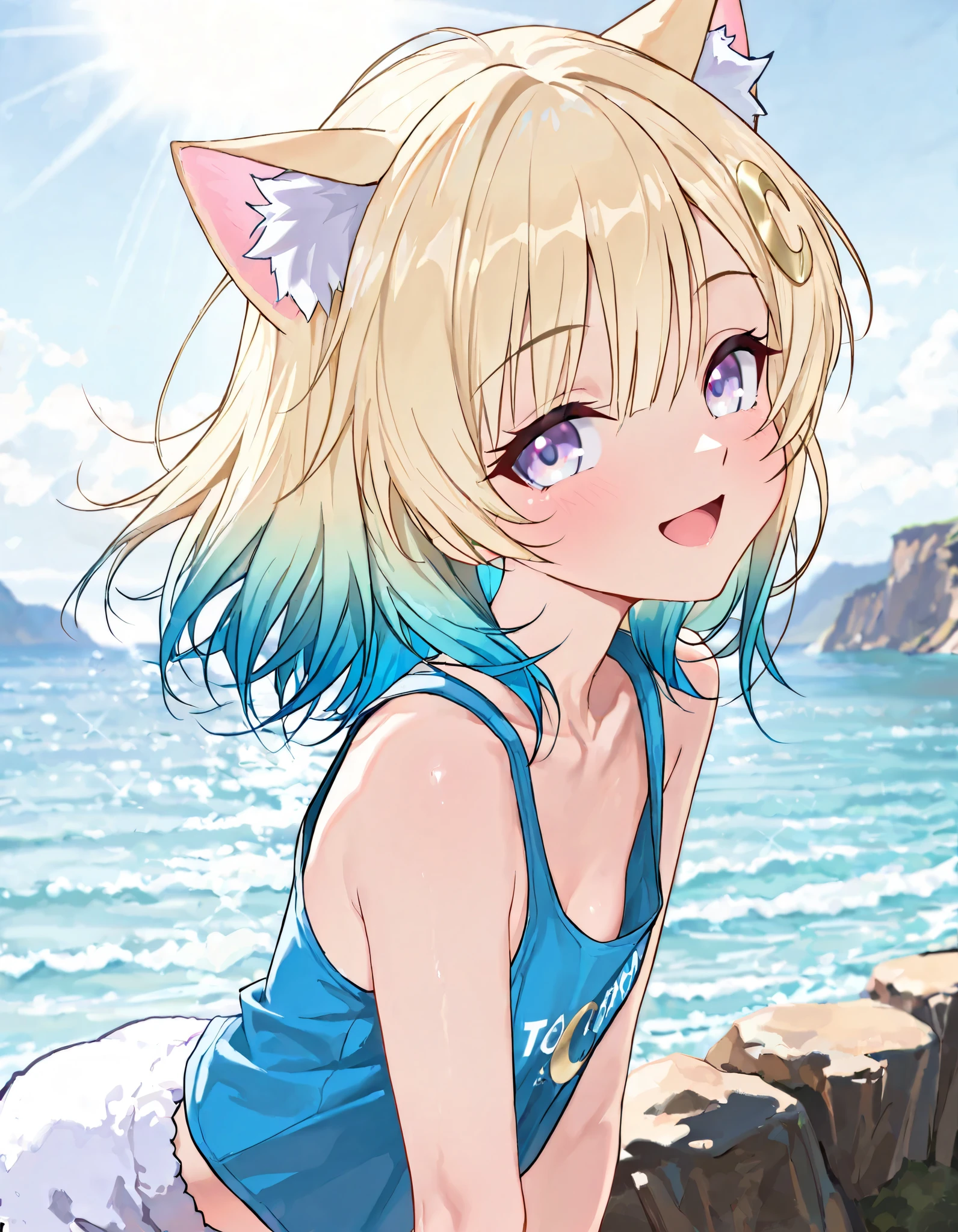 ((Masterpiece)), ((best quality)), (8K), ((portrait, from side)), (detailed background:1.2), (super detail:1.2),(High Definition:1.3), (Professional Photography:1.2), (very aesthetic:1.2), (absurdres:1.2), (sharp focus), ((1girl)), (cute young girl), Textured skin, (seductive smile, :d), (pale purple eyes, gradient eyes, looking at side), Beautiful collarbone, (Healthy Gaunt body), ((put on cat ears)), (small breast), (Asymmetrical long bangs), unruly hair, medium hair, ((beautiful blond hair, gradient hair, blue color Hair Tip)), (cute cheeks), glossy lips, pouty lips, (lower eyelashes), BREAK, (tanktop writing crescent, fancy tanktop, fur shorts), downblouse, ((chest squeezed together)), (leaning forward), loose standing on the cliff,, (Cliffs over 100 meters above sea level, raging waves), dreamy sunlight,