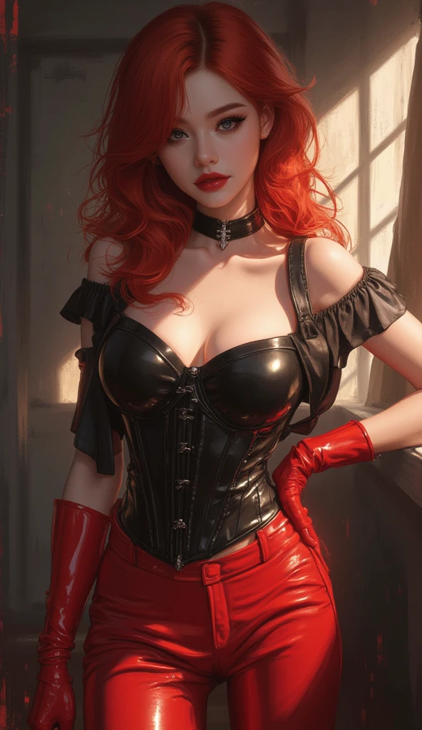 (ultra realistic,32k,RAW photo:1.1),(high detailed skin:1.1), 8k uhd, dslr, high quality, film grain,(makeup, mascara:1.1), lips,(thick\lips\),
(shiny glossy translucent clothing:1.1), <lora:BloodrayneV6:0.7>bloodrayne,red hair, (green eyes:0.9), necklace, black choker, bare shoulders, corset, elbow gloves, midriff, leather pants,, <lora:add_detail:0.89>, (huge breast:1.1),
(looking at viewer, Bend forward:1.1),
(busty:1.1) , (chubby:0.1),(moody lighting:1.1),<lora:LowRA:0.4>, dark theme, blank background