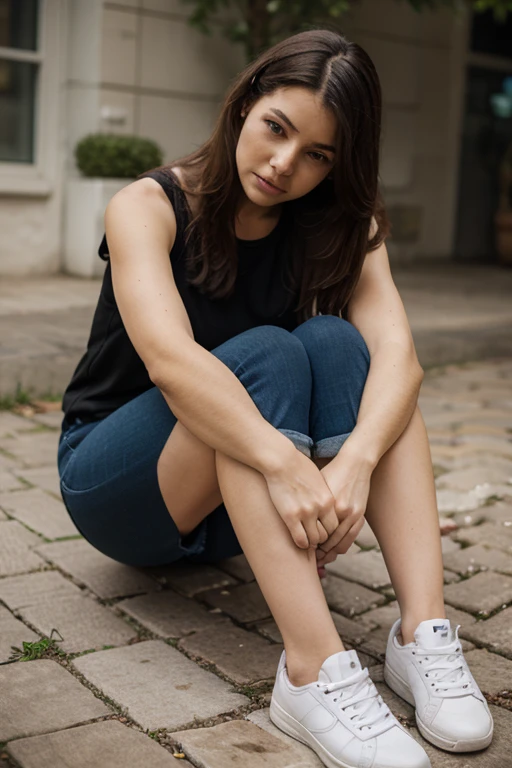 Asian women, messy hair, mascara smudged, wearing a blue shirt, shorts, Sit down, legs bent, squat. The background is a cracked wall, Beside the woman there is realistic Indonesian writing (victim of crocodile appeal).