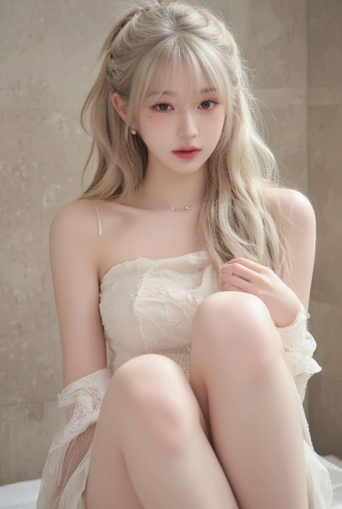 (Ultra Realistic), (Illustration), (High Resolution), (8K), (Very Detailed), (Best Illustration), (Beautiful and Detailed Eyes), (Best Quality), (Ultra Detailed), (Masterpiece), (Wallpaper), (Detailed Face), Solo, One Girl, Viewer, Fine Detail, Detailed Face, In the Dark, Deep Shadows, Low Key, pureerosfaceace_v1, Smile, Long Hair, 46-point oblique bangs, showing the whole body, legs, white hair, sitting
