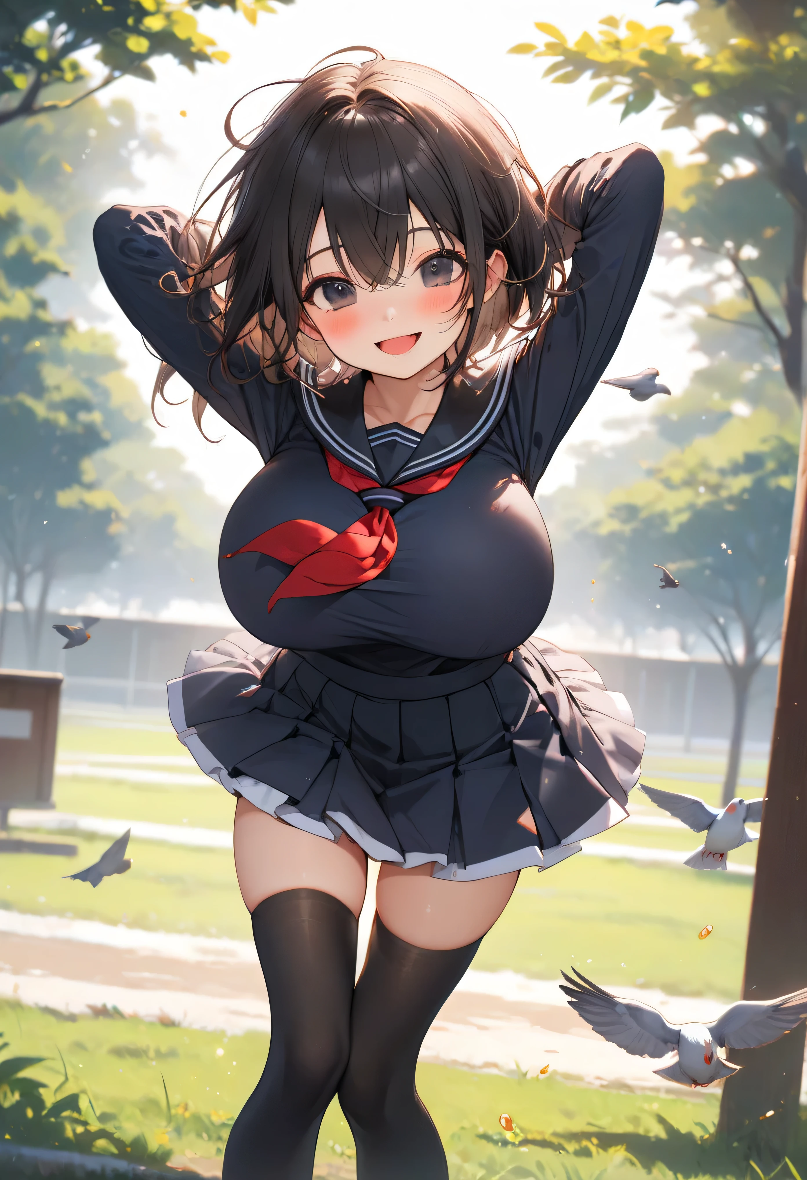 best quality, masterpiece, highres, detailed face, solo, longtorso_v0.63_pony, school field, BREAK, (1 skinny girl standing), (ite smarl:1.3), cheerful smile for viewer, open mouth, arched back, arms down behind back, pigeon toed, BREAK, blush, (black sailor uniform:1.2), red tie, black too short skirt, thigh gap, black thighhighs, BREAK, black short hair, deep black eyes, (bursting huge breasts:1.3), (disproportionately huge breasts:1.2), (bouncing huge breasts toward viewer:1.1), (too short torso), too narrow waist, (too short waist), (skinny long legs)